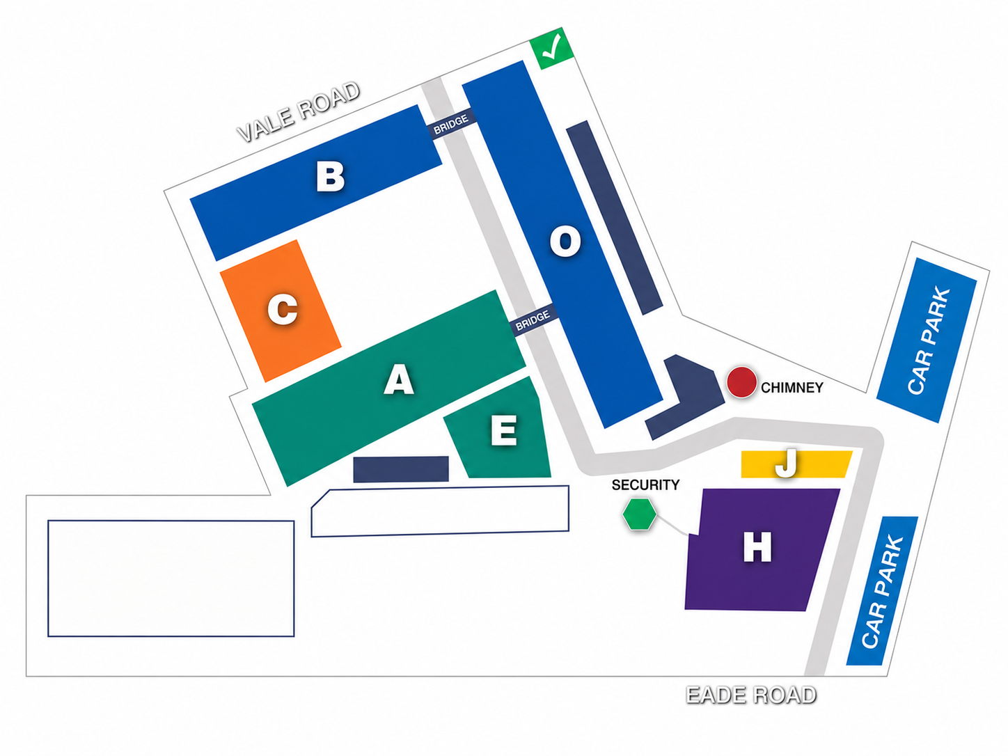 Harringay Business Park estate map showing buildings A, B, C, E, H, J, O and surrounding roads